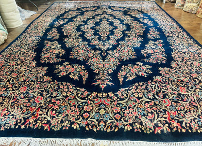 Antique Persian Kerman Rug 10x13, Navy Blue Floral Carpet, Fine 270 KPSI - Nuvé