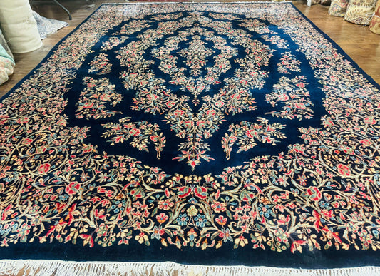 Antique Persian Kerman Rug 10x13, Navy Blue Floral Carpet, Fine 270 KPSI - Nuvé