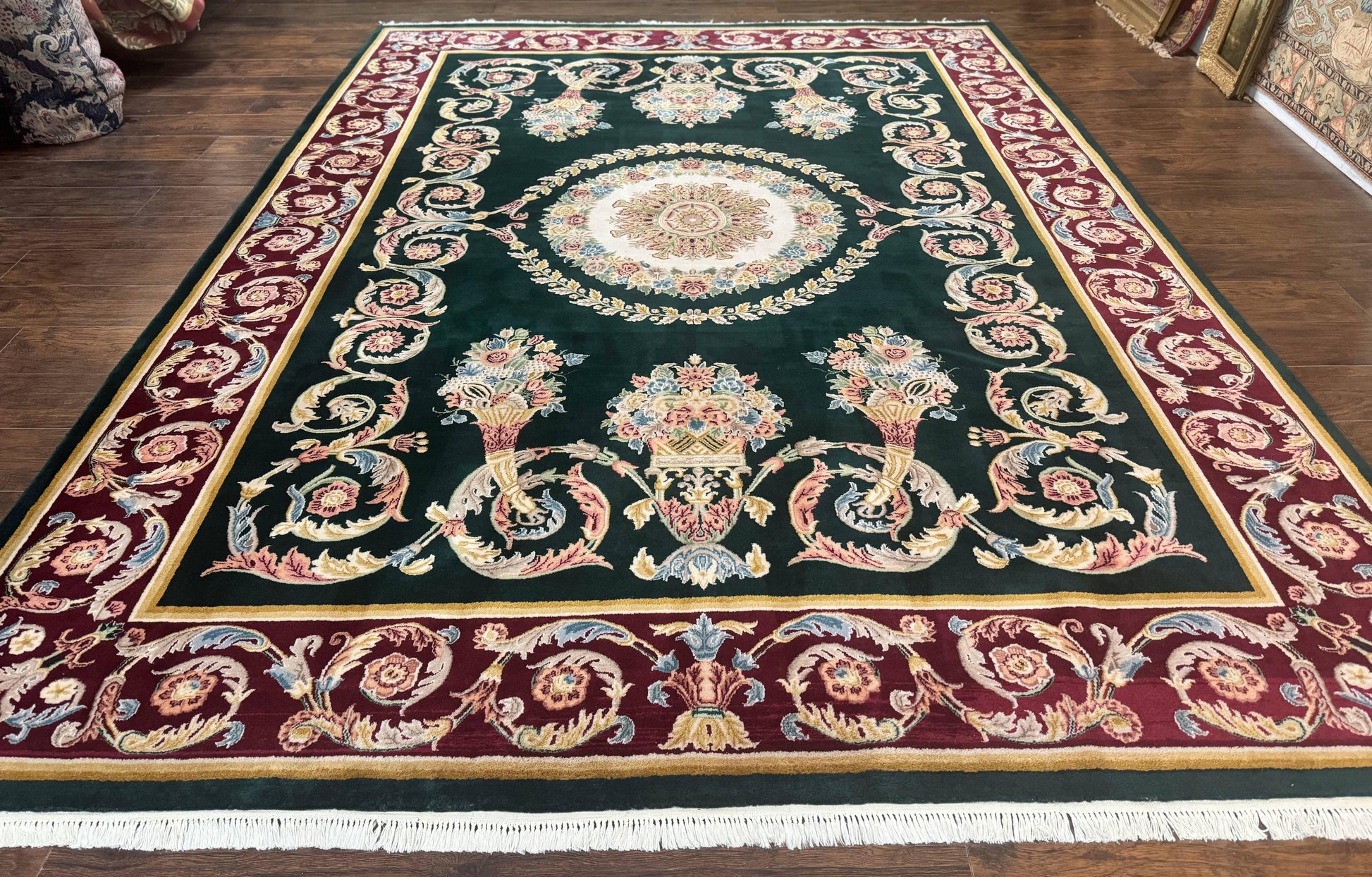 Aubusson Rug 9x12, Dark Green, European Design, Vintage Fine Handmade Carpet, Elegant - Nuvé