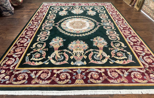 Aubusson Rug 9x12, Dark Green, European Design, Vintage Fine Handmade Carpet, Elegant - Nuvé