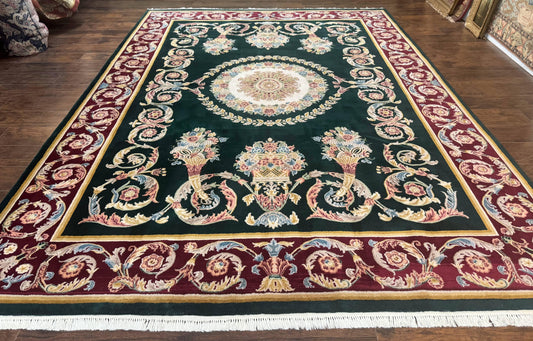 Aubusson Rug 9x12, Dark Green, European Design, Vintage Fine Handmade Carpet, Elegant - Nuvé
