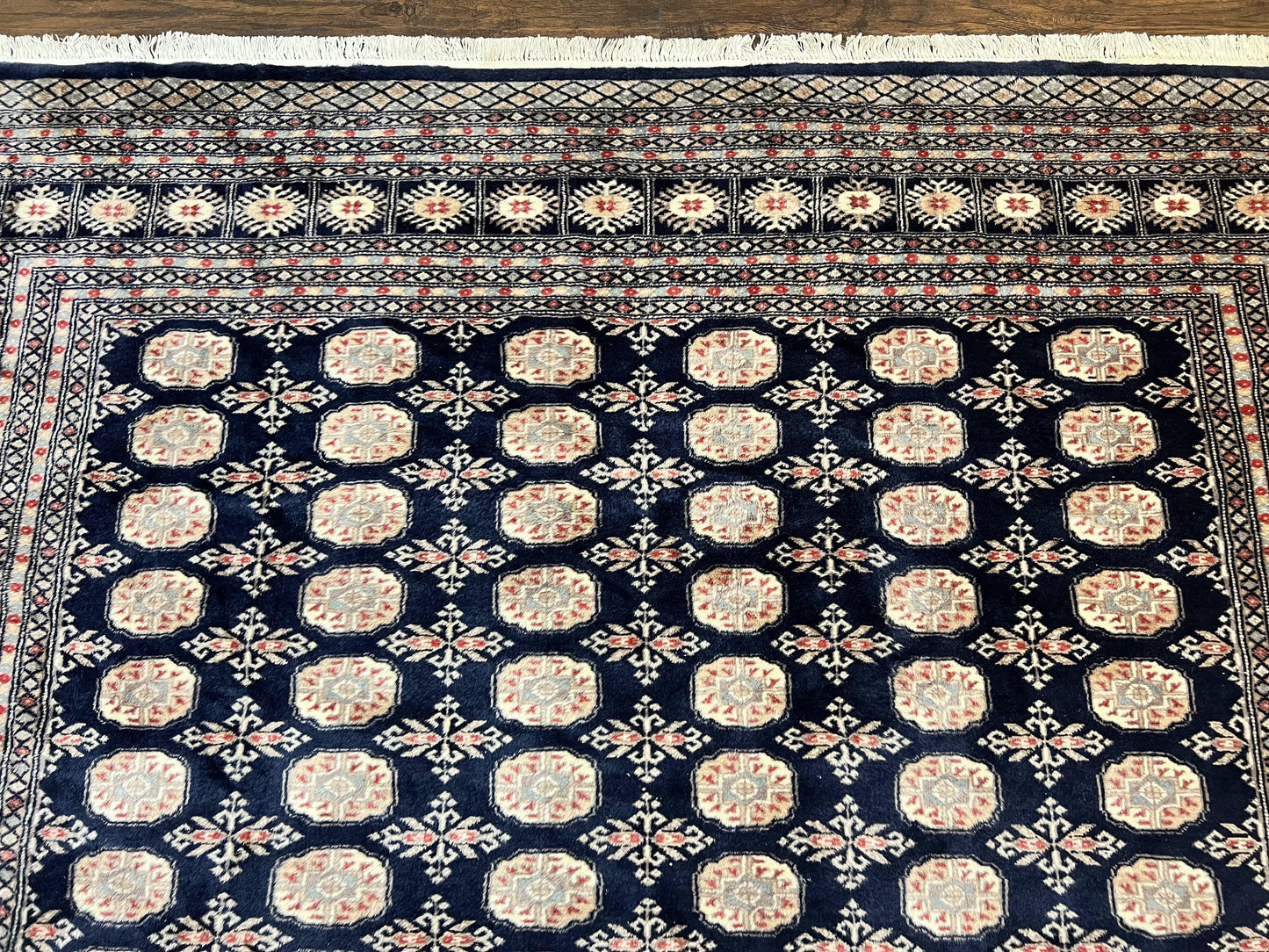 Pakistani Bokhara Rug 8x10, Turkoman Carpet, Dark Blue and Beige, Vintage Handmade Wool Carpet - Nuvé