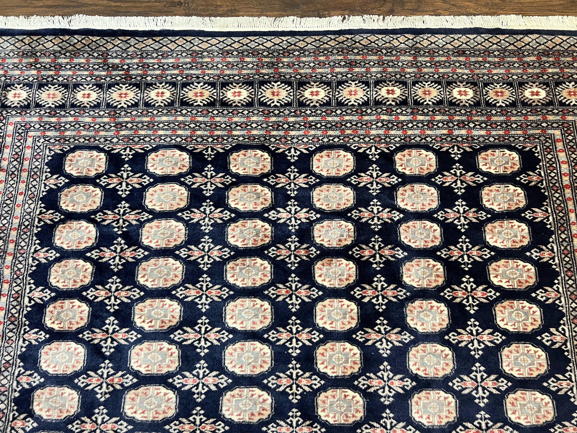 Pakistani Bokhara Rug 8x10, Turkoman Carpet, Dark Blue and Beige, Vintage Handmade Wool Carpet - Nuvé