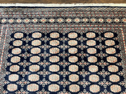 Pakistani Bokhara Rug 8x10, Turkoman Carpet, Dark Blue and Beige, Vintage Handmade Wool Carpet - Nuvé