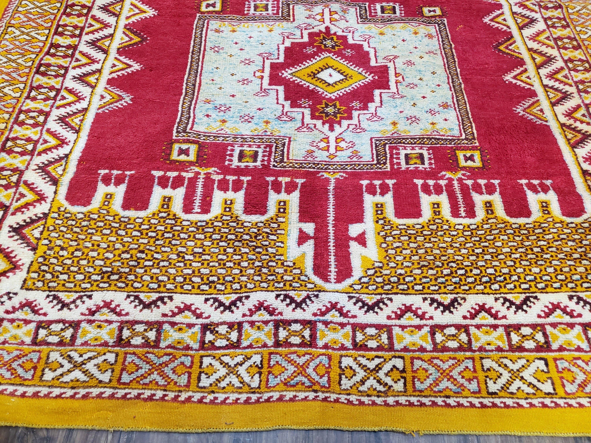 Vintage Moroccan Rug 6x10, Red and Yellow Moroccan Carpet, Handmade Bohemian Tribal Area Rug, Hand-Knotted 1970s Wool Rug, Medalions - Nuvé