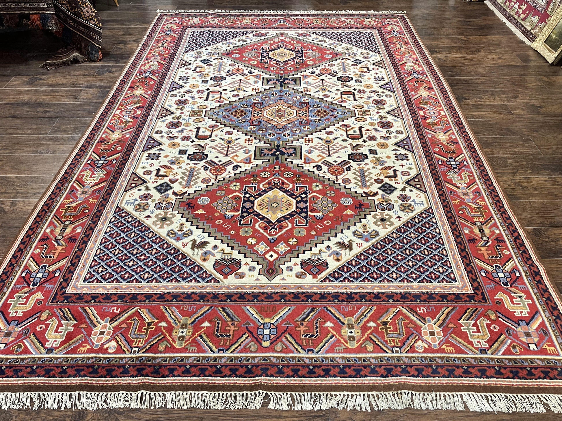 Belgium Power Loomed Rug 8x12, Geometric Medallions Persian Tribal Pattern, Vintage Wool Carpet, Ivory Red Blue - Nuvé