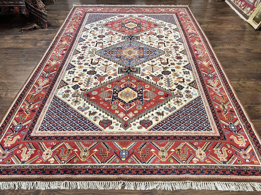 Belgium Power Loomed Rug 8x12, Geometric Medallions Persian Tribal Pattern, Vintage Wool Carpet, Ivory Red Blue - Nuvé
