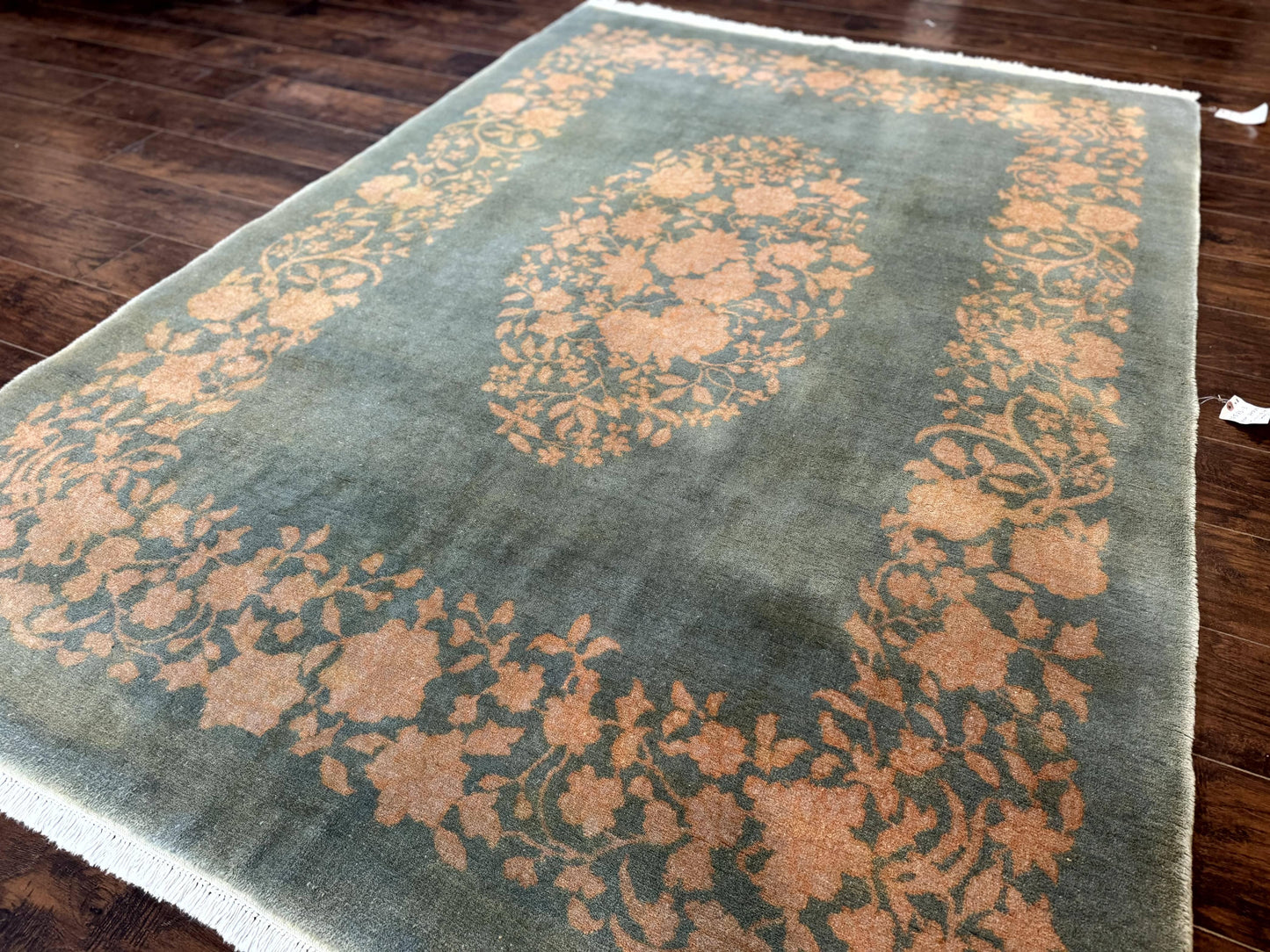 Teal Chinese Wool Rug 6x8, Vintage Handmade Carpet, Floral, Semi Open Field - Nuvé