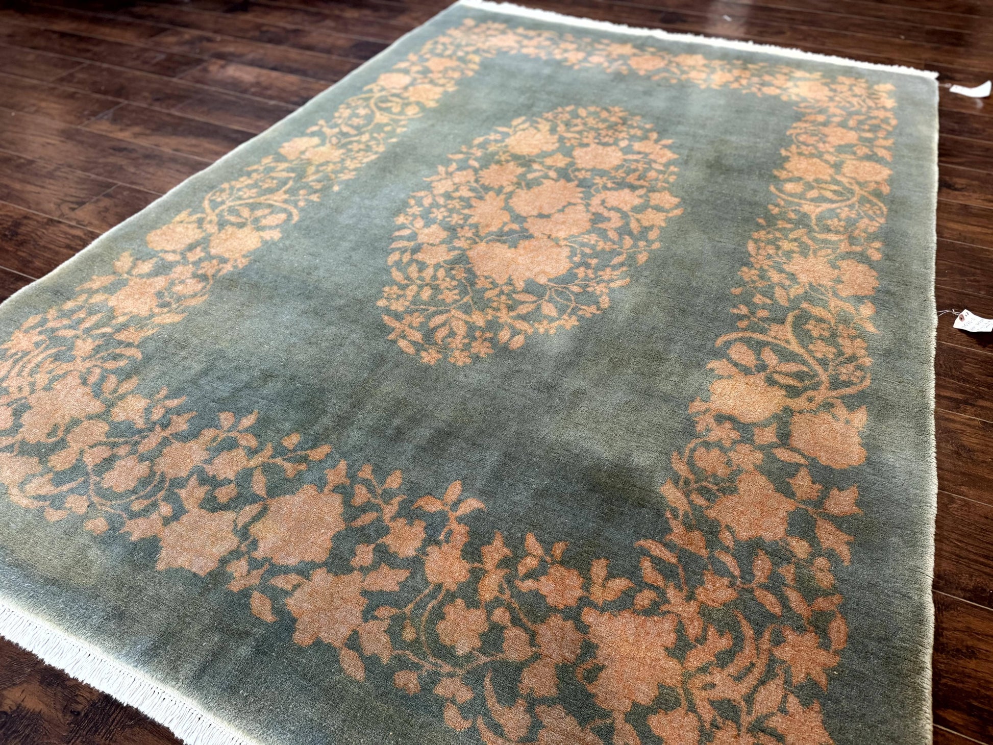 Teal Chinese Wool Rug 6x8, Vintage Handmade Carpet, Floral, Semi Open Field - Nuvé