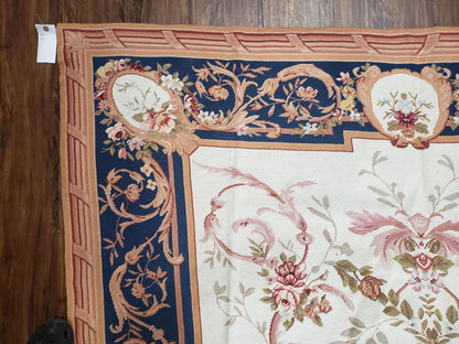 Chinese Aubusson Savonnerie Area Rug 6x8, Vintage Hand-Woven Needlepoint Rug, Flat Weave Handmade Wool Carpet Living Room Ivory & Navy Blue - Nuvé