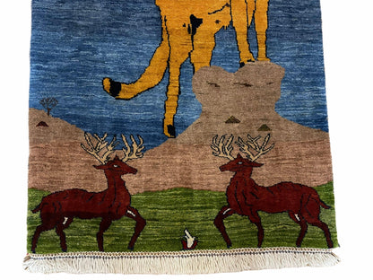 3 x 5 Handmade New Vintage Wool Blue Rug Leopard Lion Jaguar Deer Organic Dyes - Nuvé