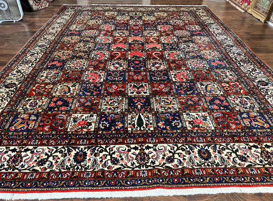 Persian Bakhtiari Rug 10x14, Wool Hand Knotted Vintage Carpet, Multicolor Khesti Panel Design, Large Room Sized Semi Antique Oriental Rug 10 x 14 - Nuvé