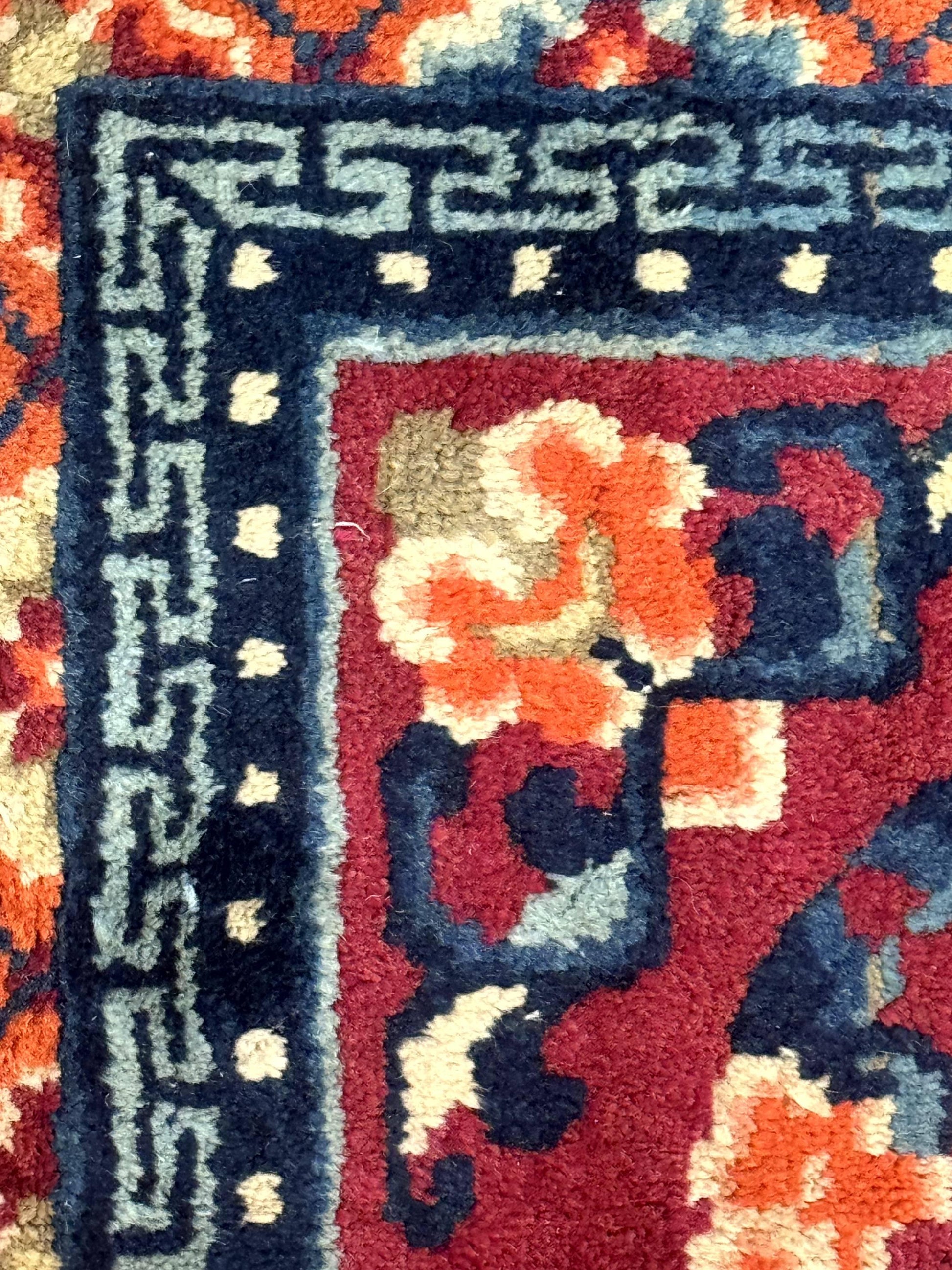 Small Antique Chinese Square Rug 2x3, Tibetan Rug, Red Orange Blue, 1920s Rug - Nuvé