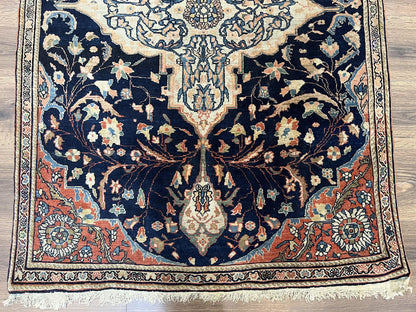 Antique Persian Rug 3.5 x 5, Sarouk Farahan Rug, High Quality 1920s Fine Oriental Carpet 3 x 5 ft, Large Medallion, Floral, Navy Blue Red, Hand Knotted Wool Rug - Nuvé