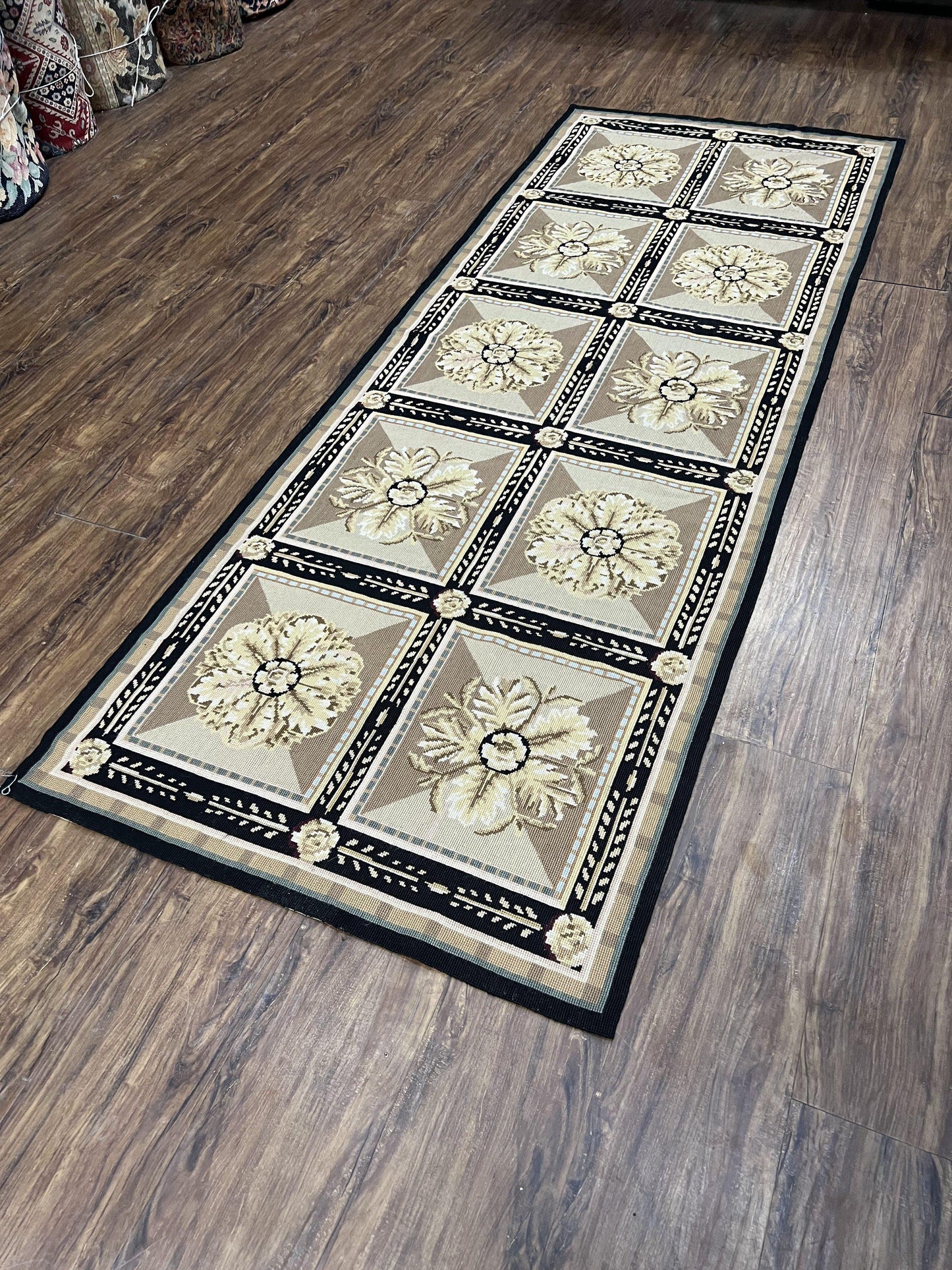 Needlepoint Runner Rug 3x8 Panel Design Rug, Flatweave Runner Rug, English Design, Floral, Short Runner Rug, Black and Beige Wool Hand-Woven - Nuvé