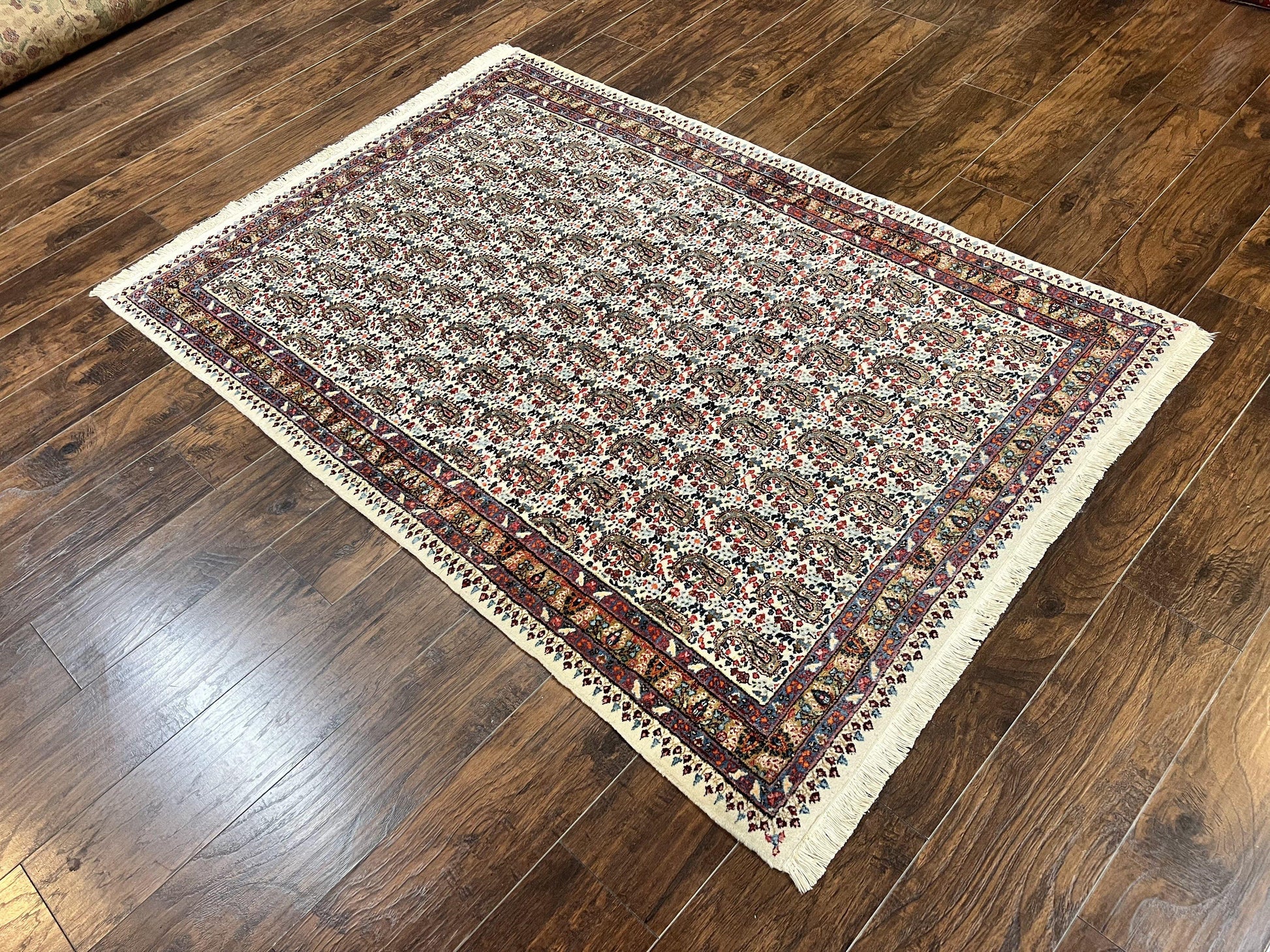 Persian Rug 4x6, Mashad Kashmar Rug, Boteh Paisley Design, Allover Repeated Pattern, Ivory Hand Knotted Vintage Semi Antique Persian Oriental Carpet - Nuvé