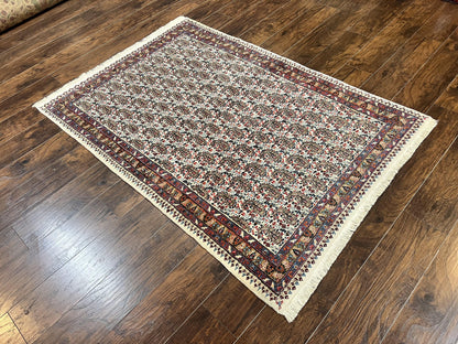 Persian Rug 4x6, Mashad Kashmar Rug, Boteh Paisley Design, Allover Repeated Pattern, Ivory Hand Knotted Vintage Semi Antique Persian Oriental Carpet - Nuvé