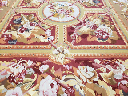 Vintage Chinese Aubusson Savonnerie Flat Pile Rug 9.9 x 14.5 Wool Handwoven Red & Khaki Large Flowers Rug 9x14 - 10x15 Michaelian Kolhberg - Nuvé