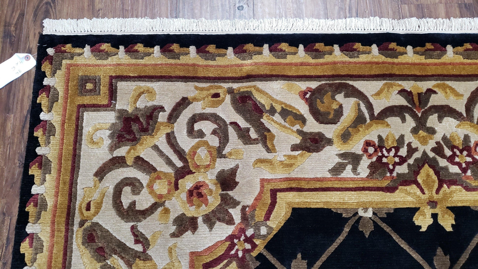 Nepal Rug 6x9, Nepalese Aubusson Area Rug 6 x 9, Hand-Knotted Wool Soft Pile Black & Beige Tibetan Aubusson New Carpet European Savonnerie - Nuvé