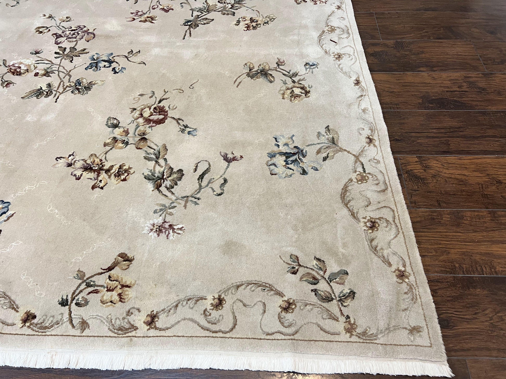 Chinese 120 Line Rug 8x10, Chinese Aubusson Wool & Silk Highlights Handmade Vintage Carpet, Beige Fine Weave Rug, Floral European Design - Nuvé