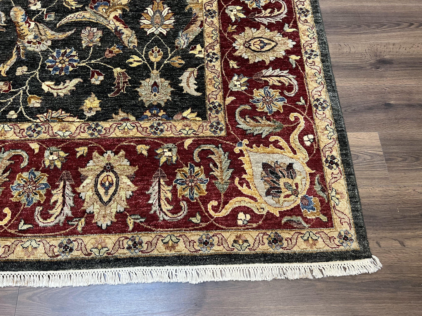 Pak Persian Mahal Rug 9x12, Allover Floral Pakistani Oriental Carpet 9 x 12, Wool Hand Knotted Area Rug, Dark Slate Gray-Black and Maroon - Nuvé