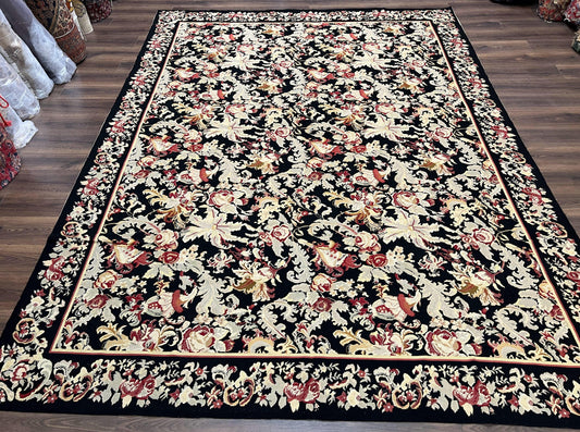 Wool Needlepoint Rug 9x12, William Morris Vintage Chinese Needlepoint Carpet 9 x 12, Handwoven, Allover Floral Area Rug, Black Light Green - Nuvé