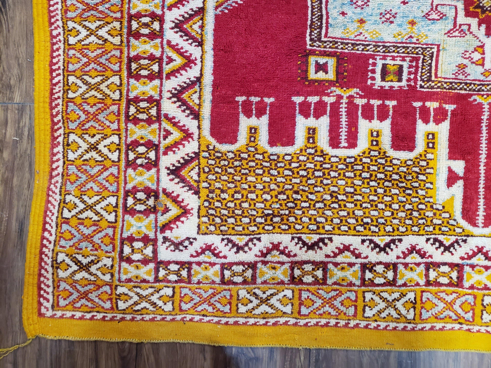 Vintage Moroccan Rug 6x10, Red and Yellow Moroccan Carpet, Handmade Bohemian Tribal Area Rug, Hand-Knotted 1970s Wool Rug, Medalions - Nuvé