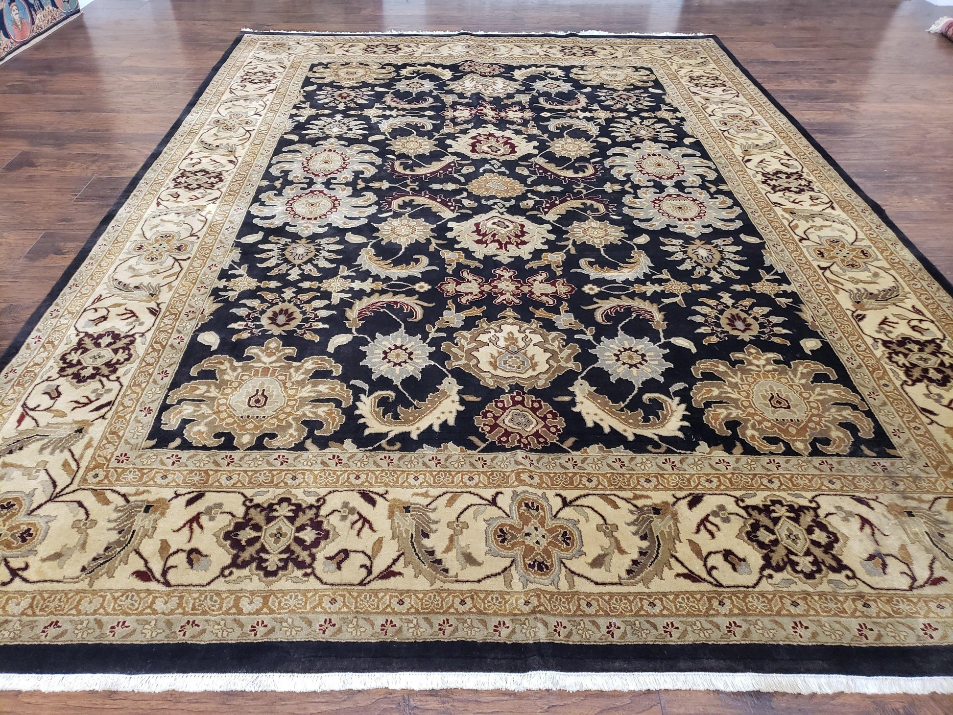 Indo Mahal Rug 8x12, Indian Sultanabad Handmade Area Rug, Vintage Hand-Knotted Wool Black Floral Traditional Oriental Dinning Room Rug - Nuvé