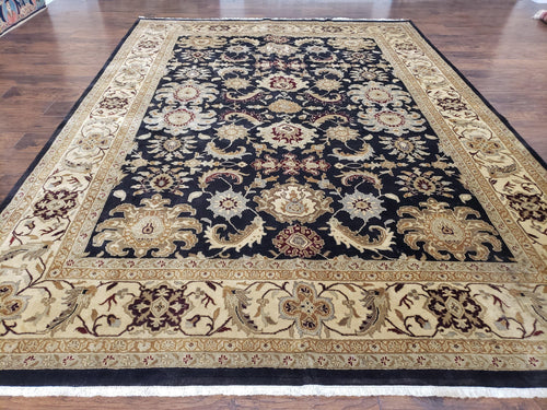 Indo Mahal Rug 8x12, Indian Sultanabad Handmade Area Rug, Vintage Hand-Knotted Wool Black Floral Traditional Oriental Dinning Room Rug - Nuvé