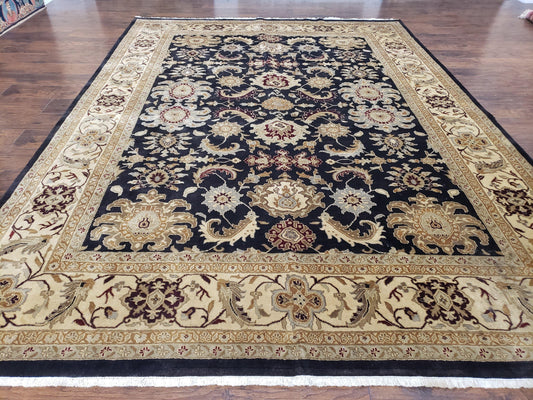 Indo Mahal Rug 8x12, Indian Sultanabad Handmade Area Rug, Vintage Hand-Knotted Wool Black Floral Traditional Oriental Dinning Room Rug - Nuvé
