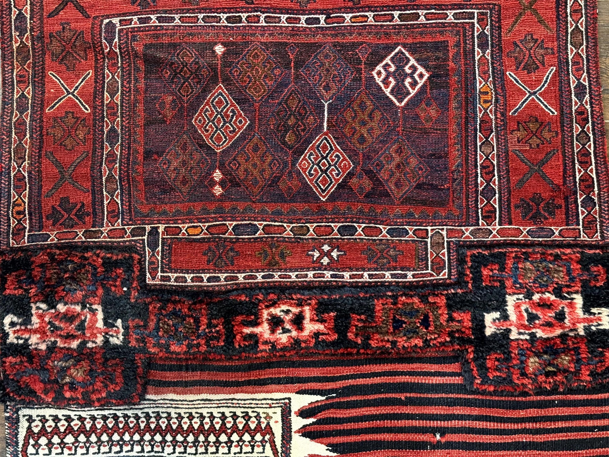 Persian Tribal Nomadic Saddle Cover Rug, Antique, Handmade, Wool, Red Ivory Black, Collectible, Shashavan - Nuvé