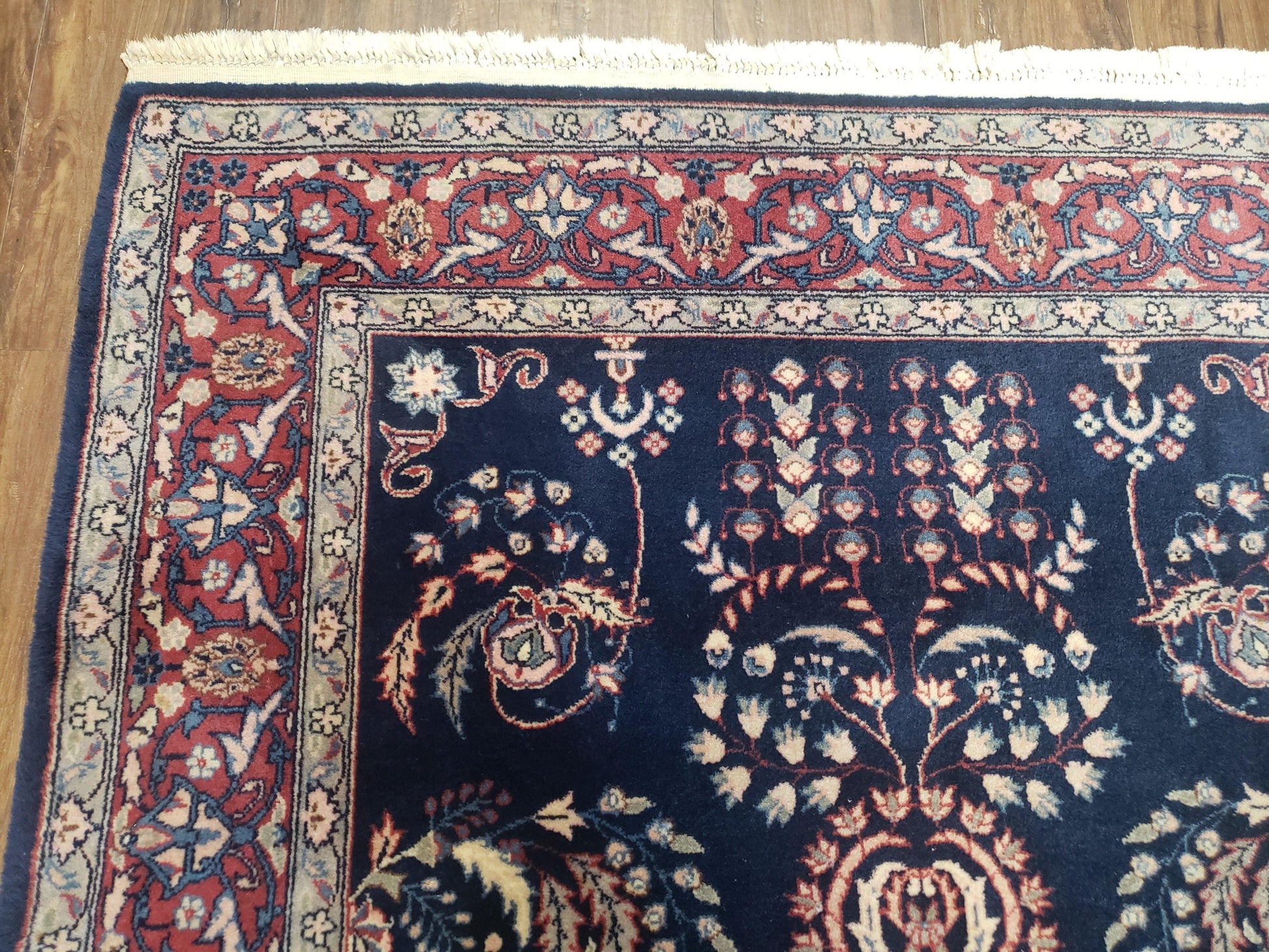 Dark Blue Indo Persian Rug 4x6, Medium Size Hand Knotted Oriental Carpet, Traditional Floral Indian Rug, Blue and Red Entryway Rug, Wool Rug - Nuvé