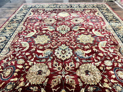 Indo Persian Rug 10x14, Indian Agra Carpet, Vintage Handmade Wool Large Traditional Rug, Dark Red Navy Blue Beige - Nuvé