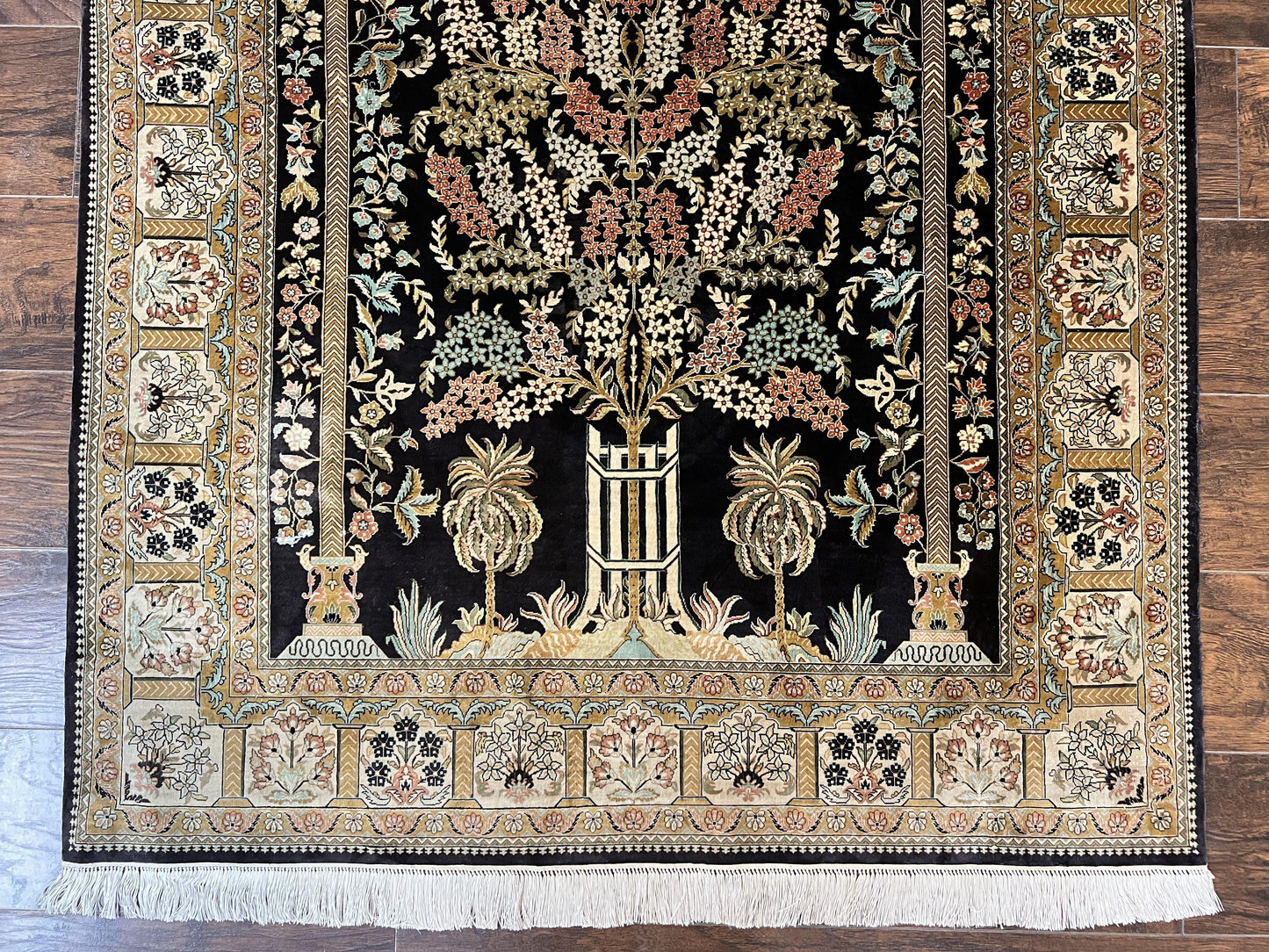 Wonderful Sino Persian Silk Rug 4x6, Tree of LIfe Design, Masterpiece 575 KPSI, Birds, Prayer Rug, Black, Silk on Silk - Nuvé