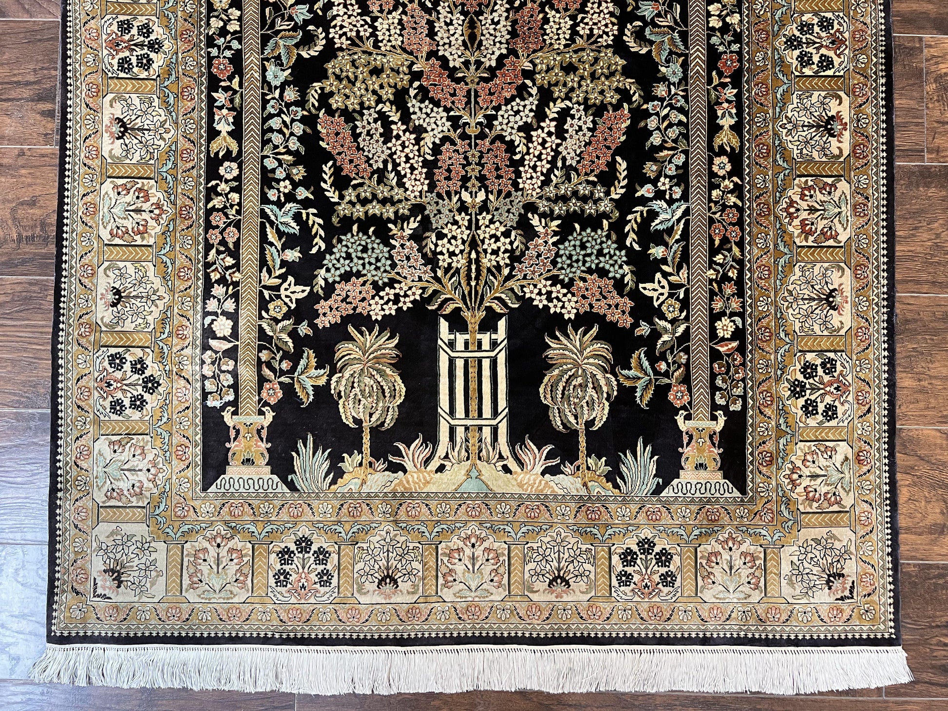Wonderful Sino Persian Silk Rug 4x6, Tree of LIfe Design, Masterpiece 575 KPSI, Birds, Prayer Rug, Black, Silk on Silk - Nuvé