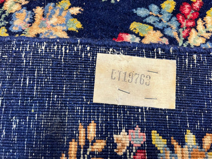 Persian Rug 9x12, Authentic Hand Knotted Carpet, Repeated Floral Motif Garden of Eden, Navy Blue Wool Rug 9 x 12, Semi Antique Kirman Rug - Nuvé