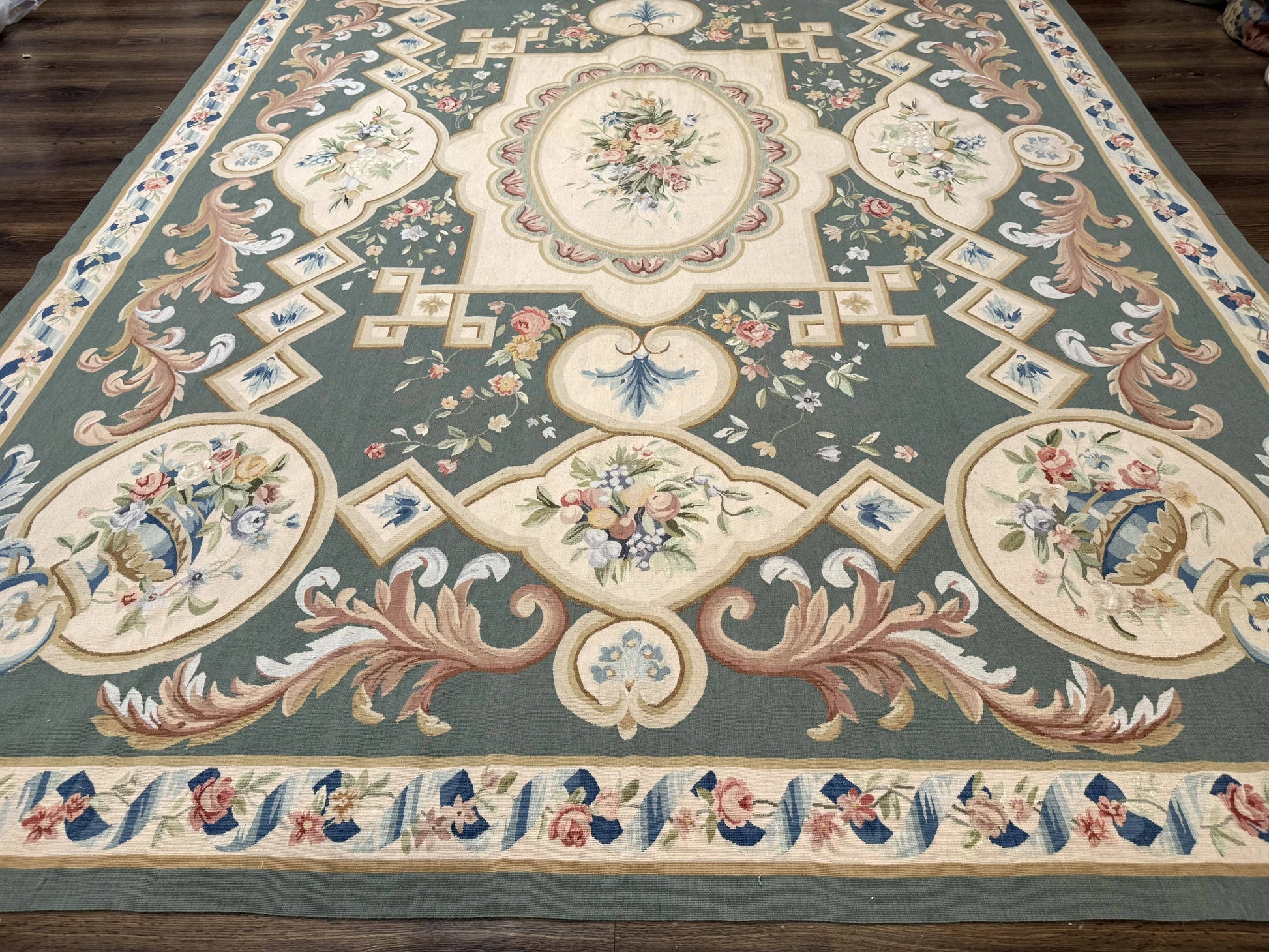 Aubusson Rug 9x12, Muted Sage Green and Cream, European Design - Nuvé