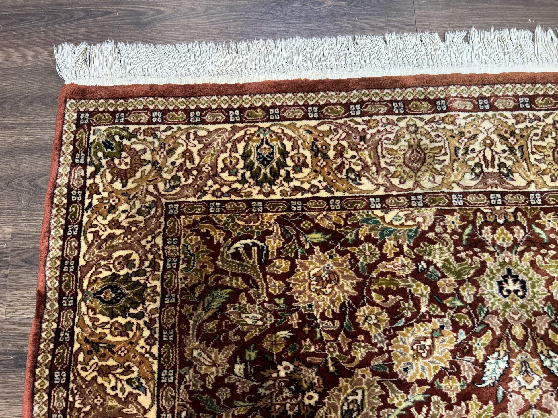 Tree of Life Indian Kashmiri Rug 6x9, Rust Red and Cream, Animal Pictorials, Fine 290 KPSI - Nuvé