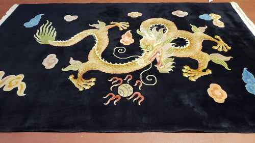Rare Antique Chinese Art Deco Rug 6x9 with Dragon, Black Chinese Carpet 6 x 9, Hand Knotted Wool Area Rug - Nuvé