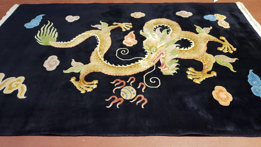 Rare Antique Chinese Art Deco Rug 6x9 with Dragon, Black Chinese Carpet 6 x 9, Hand Knotted Wool Area Rug - Nuvé