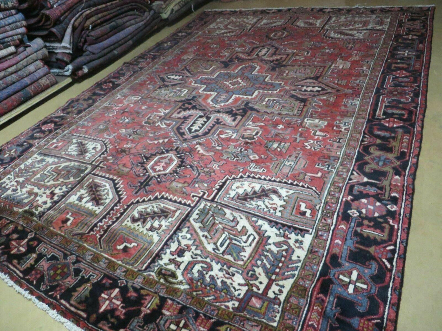 Persian Heriz Rug 8x12 Semi Antique Heriz Carpet, Room Sized Persian Carpet, Geometric Medallion, Wool, Hand Knotted, Red Ivory Dark Blue - Nuvé