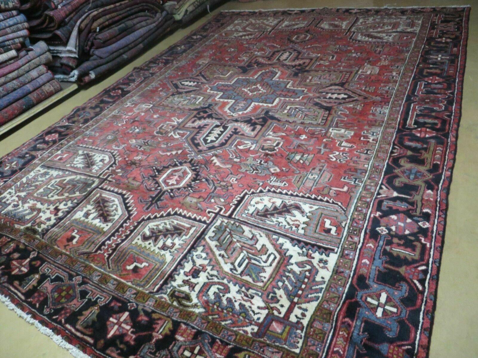 Persian Heriz Rug 8x12 Semi Antique Heriz Carpet, Room Sized Persian Carpet, Geometric Medallion, Wool, Hand Knotted, Red Ivory Dark Blue - Nuvé