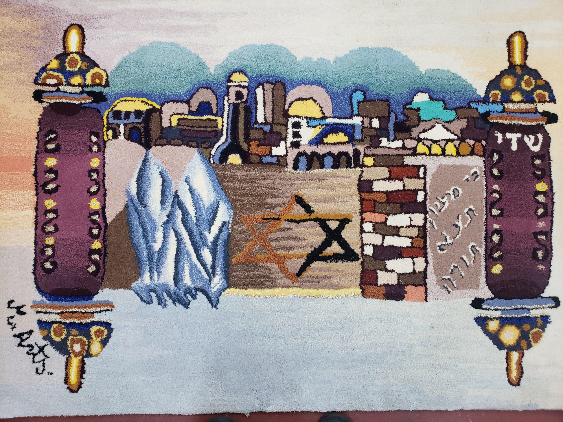 Vintage Judaica Pictorial Rug 3x5, Wool Hand-Tufted Israeli Signed Rug, Jerusalem Rug, Star of David Torah Scroll Verses, Chanuka Gift - Nuvé