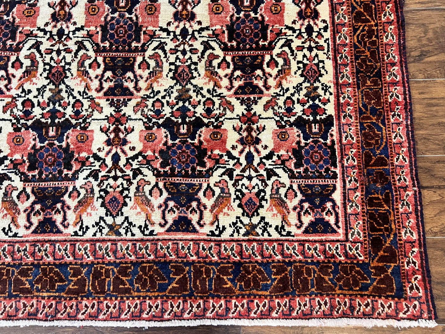 Persian Afshar Rug 6x8, Wool Hand Knotted Semi Antique Vintage Carpet, Floral Allover, Repeated Birds Flowers Vases Motifs - Nuvé