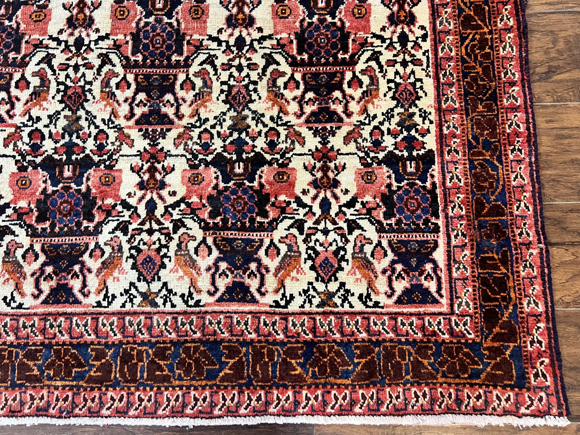 Persian Afshar Rug 6x8, Wool Hand Knotted Semi Antique Vintage Carpet, Floral Allover, Repeated Birds Flowers Vases Motifs - Nuvé