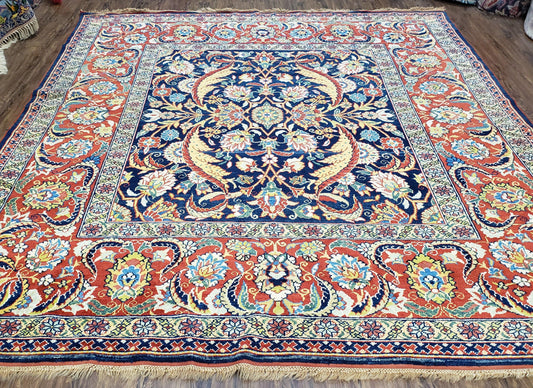 Square Turkish Mahal Rug 8 x 8.5, Colorful Square Carpet, Large 8ft Square Rug, Blue Red Yellow, Handmade Wool, Vintage, Large Flowers, Nice - Nuvé