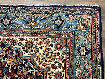 Persian Qum Rug 5x7 in Navy Light Blue and Ivory, Wool wilh Silk Highlights, 225 KPSI - Nuvé