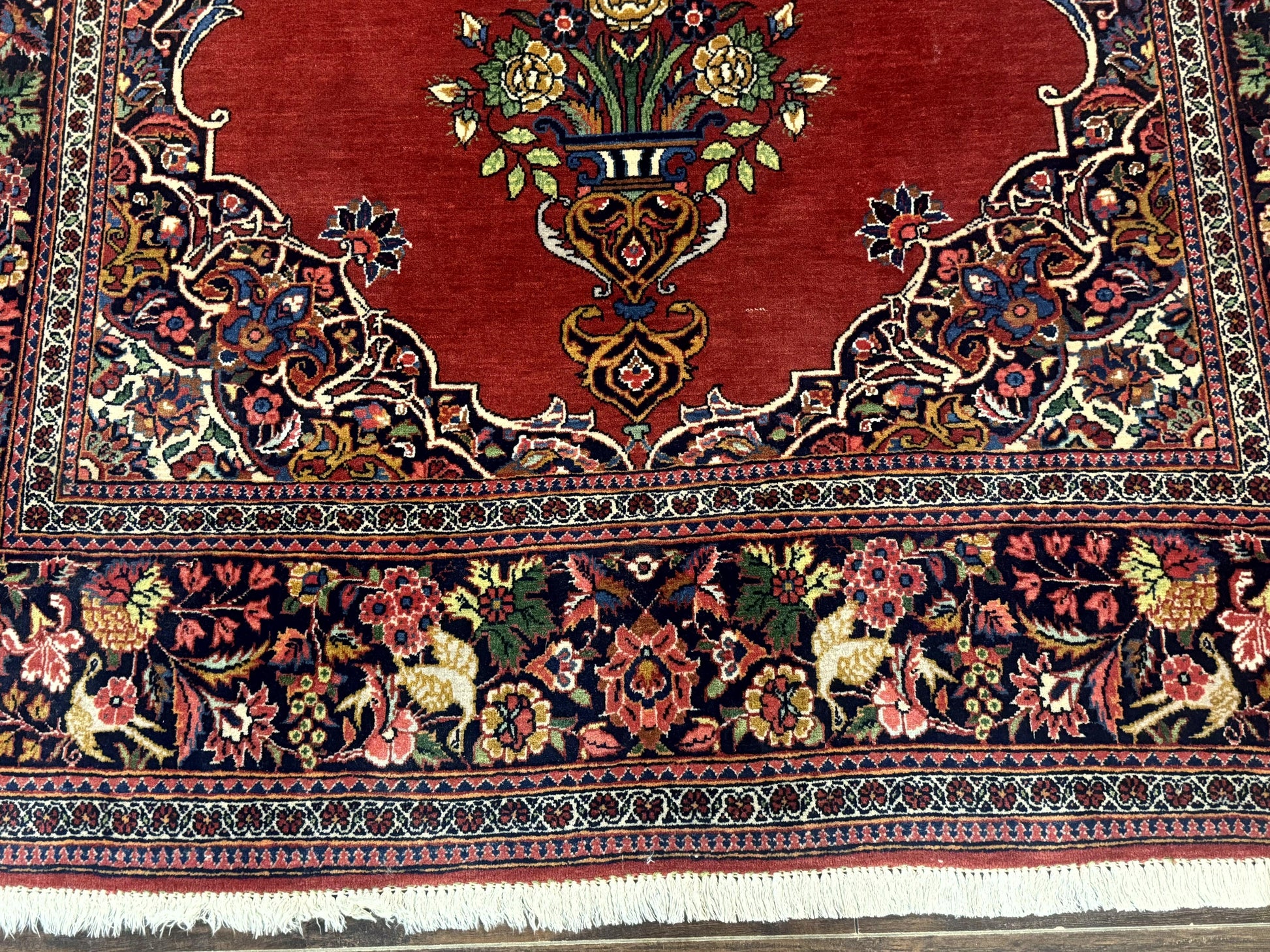 Red Persian Kashan Rug 4x6, Very Fine 260 KPSI, Red and Navy Blue Persian Carpet, Semi Open Field - Nuvé