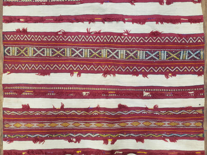 Antique Turkoman Yamud Rug 3x5 ft, 1920s Turkmen Sofreh Table Cover, Bohemian Rug, Tribal Collectible, Striped Rug, Handmade Ivory and Red - Nuvé