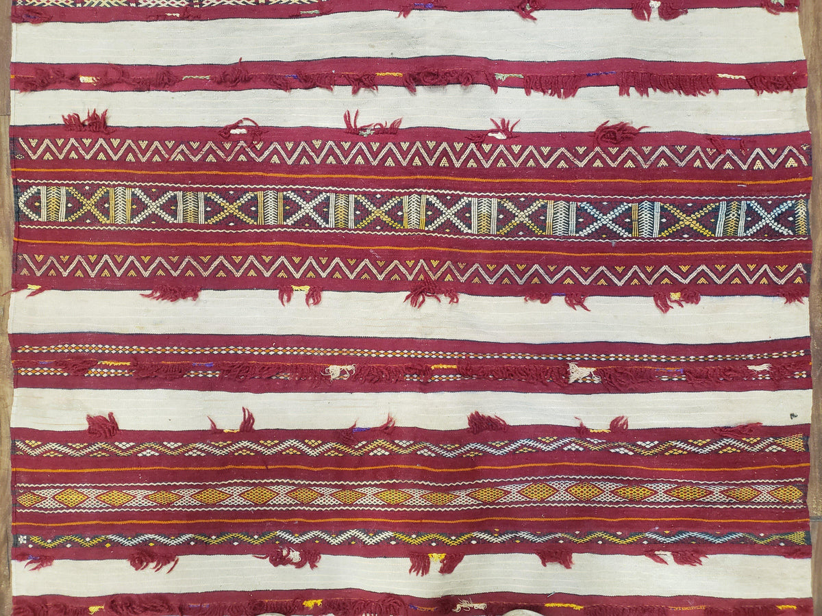 Antique Turkoman Yamud Rug 3x5 ft, 1920s Turkmen Sofreh Table Cover, Bohemian Rug, Tribal Collectible, Striped Rug, Handmade Ivory and Red
